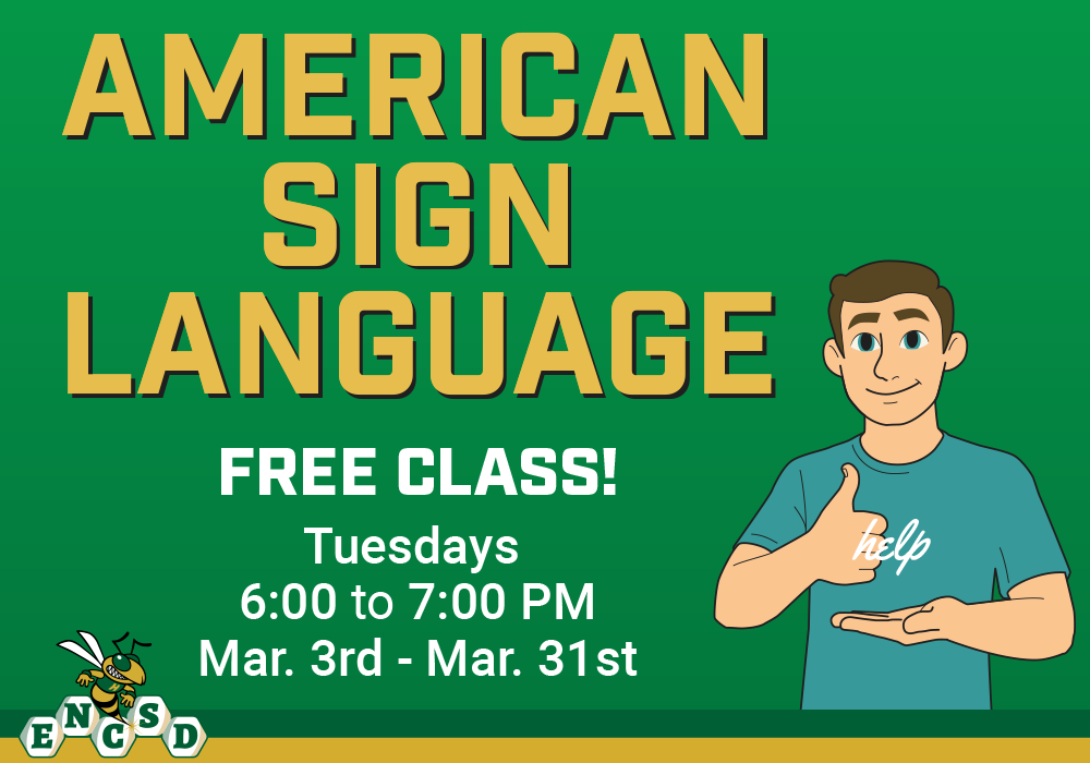 ASL Free class Tuesdays 6-7pm March 3 through March 31