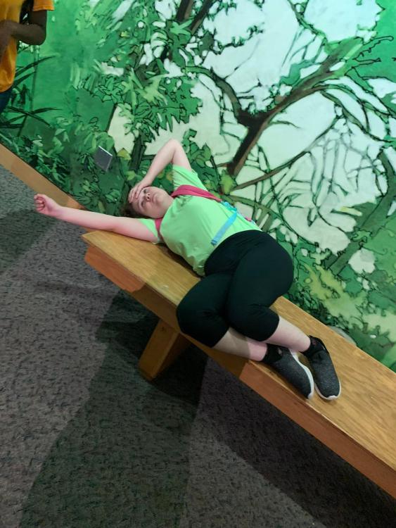Student laying at bench NC Museum of Natural Sciences