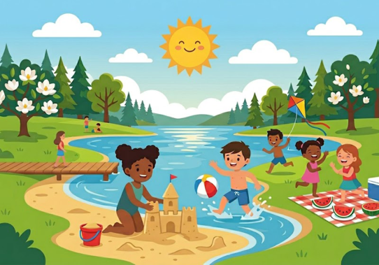 Kids playing at a lake