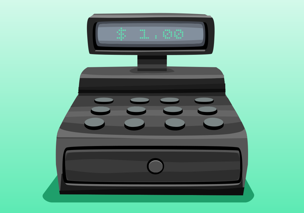 Cash register with "$1.00" on the display.