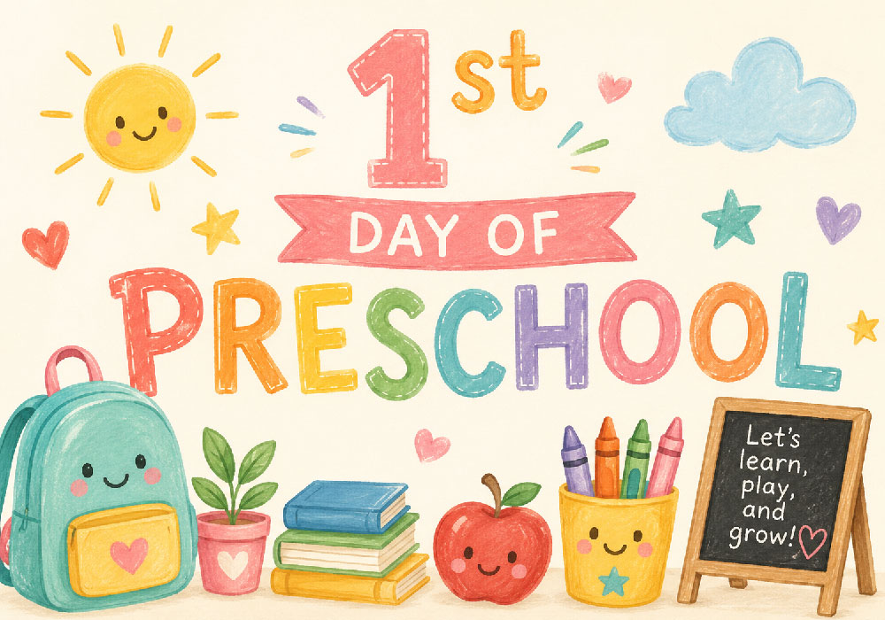 1st day of preschool, let's learn, play, and grow.