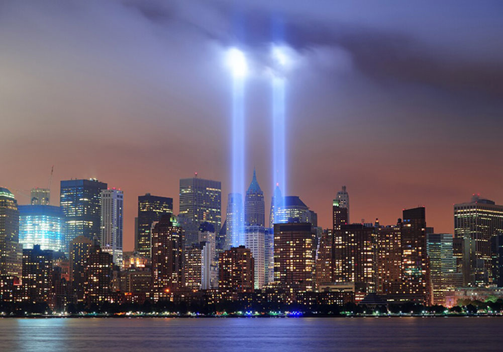 NYC, search lights representing the twin towers