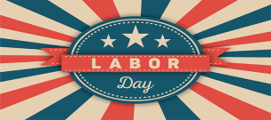 Labor Day banner on a red, white, and blue, radial stripe background.
