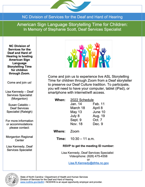 ASL Storytelling Time for Children flyer.