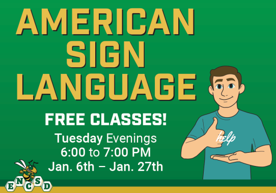 American Sign Language, Free Classes, Tuesday Evenings, 6-7PM, Jan 6th-Jan 27th